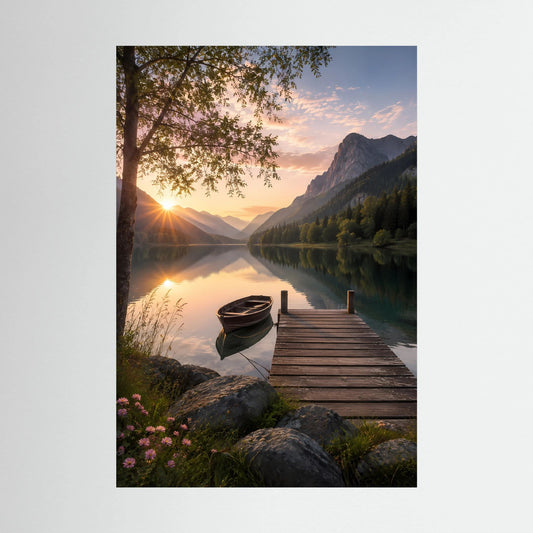 Hochformat-Poster mit See, Boot und Holzsteg bei Sonnenaufgang zwischen Bergen