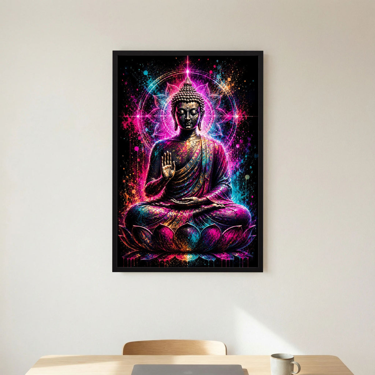 Hochformatiges Buddha-Neonmandala-Poster im schwarzen Rahmen: Meditationsbuddha auf Lotus, leuchtendes Pink/Türkis
