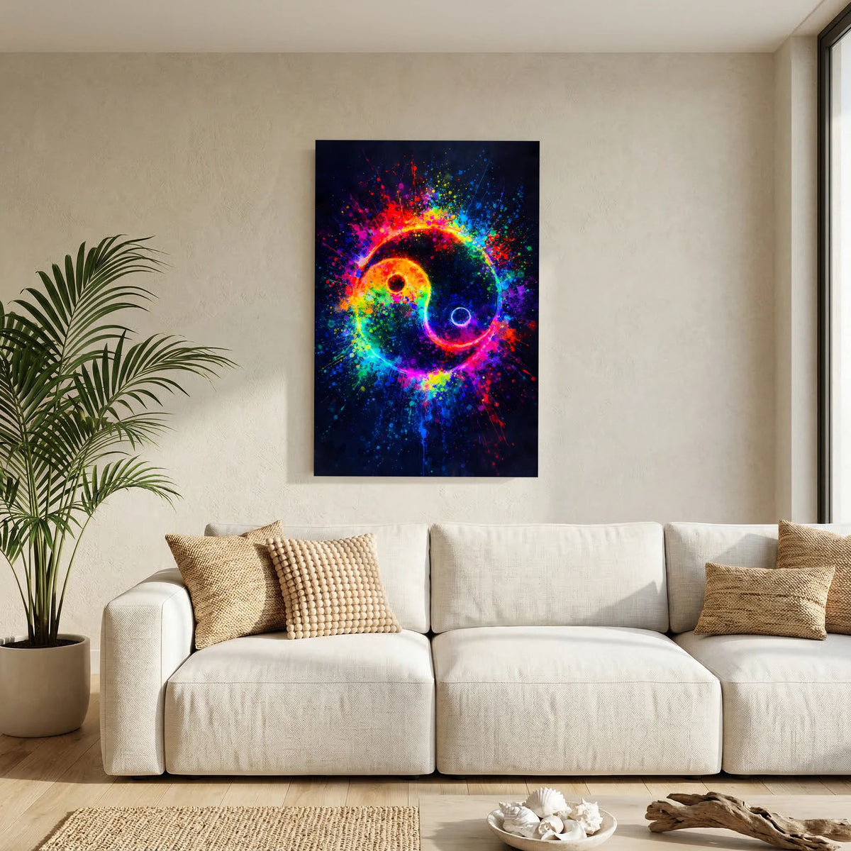 Yin-Yang-Hochformatposter: leuchtende Yin-und-Yang-Formen in Regenbogenfarben