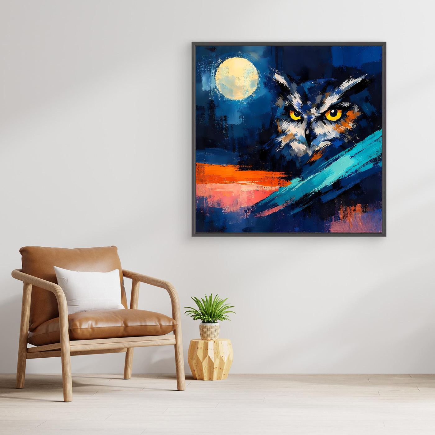 Premium Leinwand Mystische Eule bei Vollmond | Abstraktes Kunst Poster Modernes Nacht Wandbild