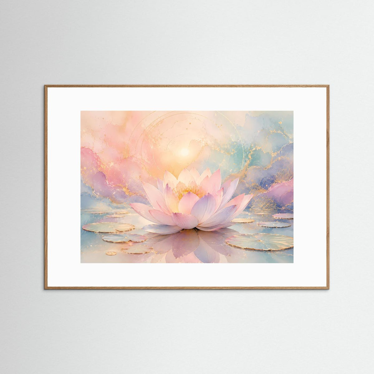 Lotusblüten-Wandbild mit pastellrosa Seerose und goldenen Akzenten, brauner Holzrahmen