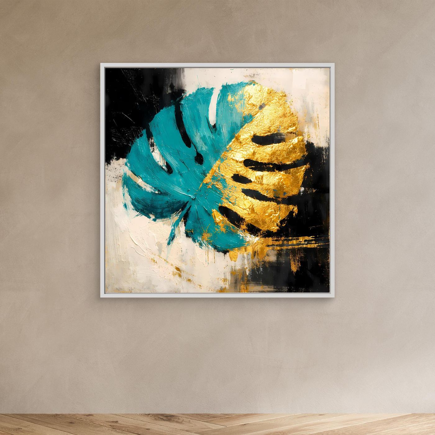 Leinwand Abstraktes Monstera Gemälde in Türkis und Gold | Modernes Botanik Wandbild