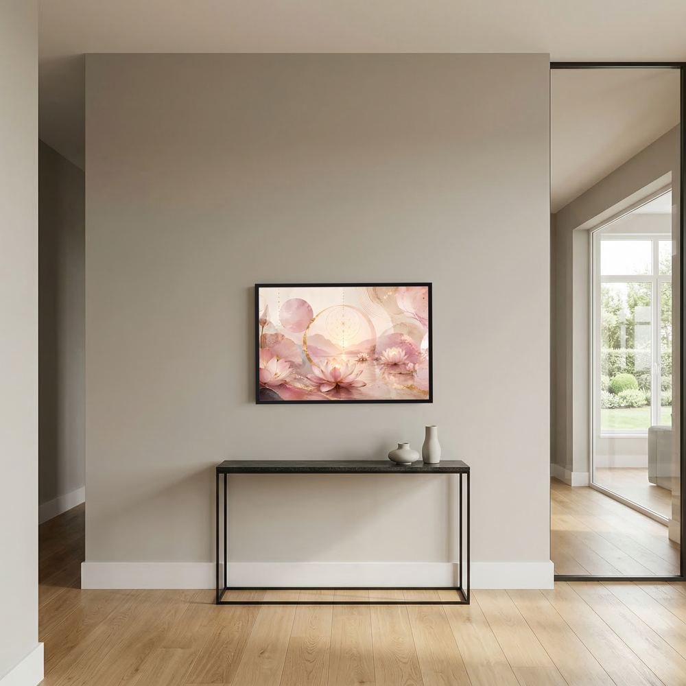 Gerahmtes Querformat-Poster an der Wand mit rosa Lotusblüten, goldenen Kreisen und Mustern