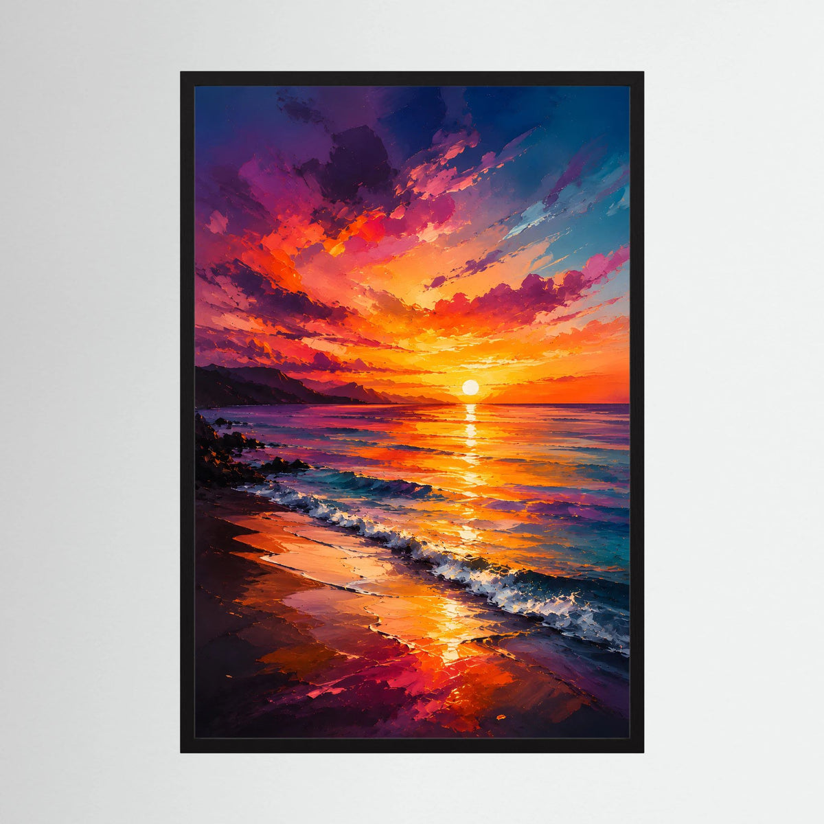 Kunstposter Sonnenuntergang am Meer mit farbenfrohem Strandbild, schwarz gerahmt, Hochformat