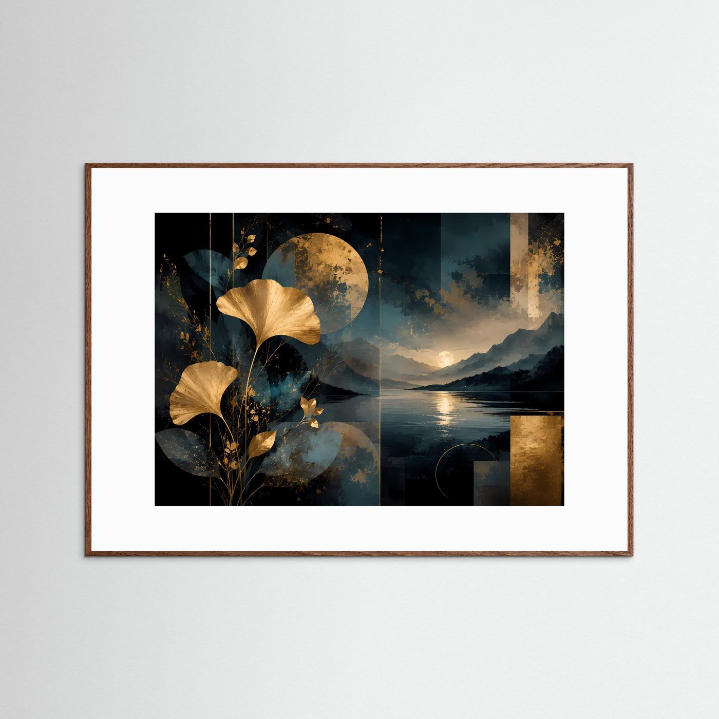 Querformat-Poster mit abstrakten Ginkgo-Blättern, Mond und See in Schwarz-Gold, mit braunem Rahmen.