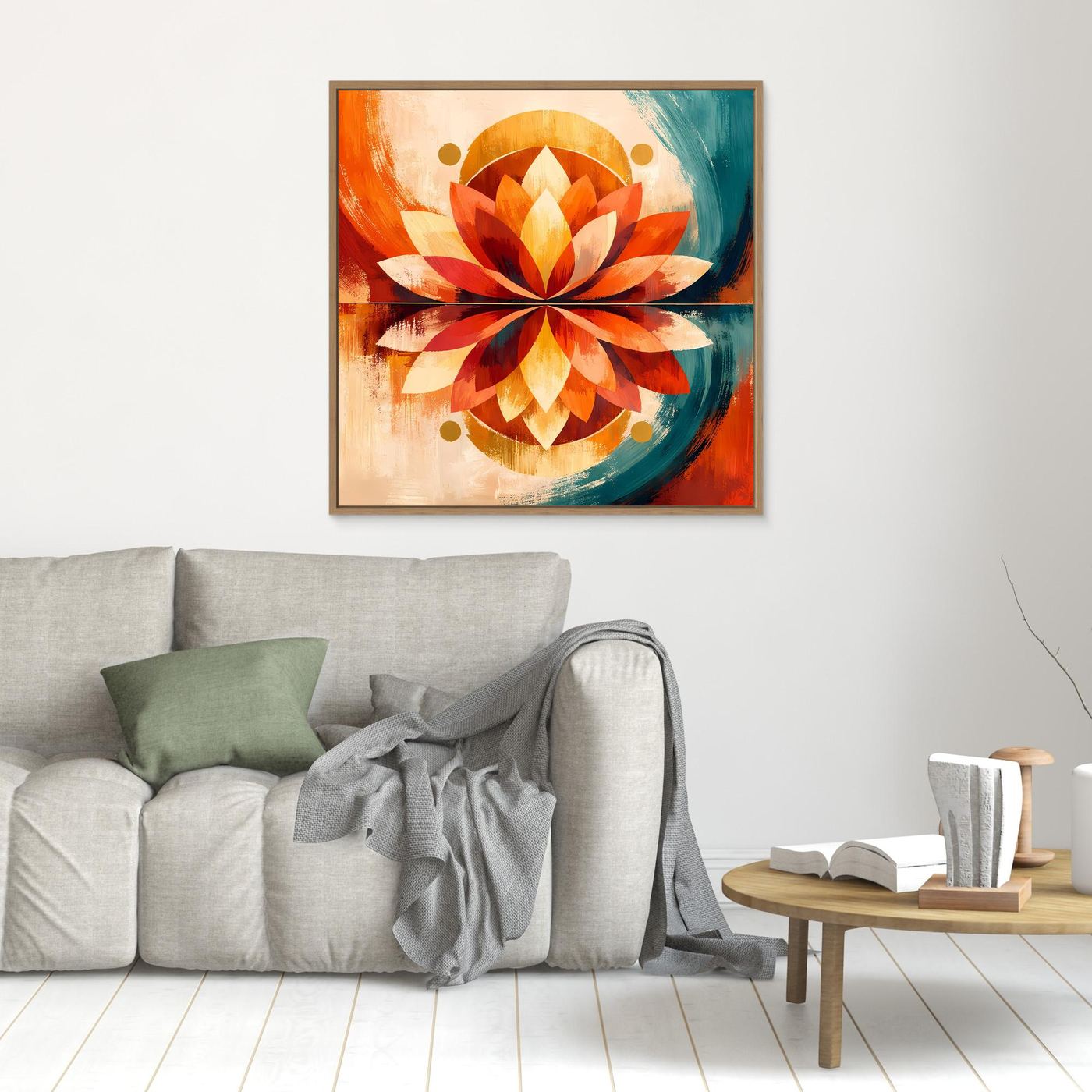 Kleines Leinwandbild mit Lotusmotiv in Orange und Türkis, goldener Kreis um die Blüte