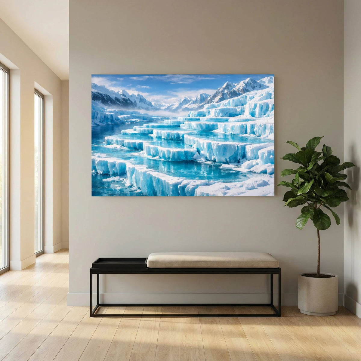 Querformat-Wandbild mit blauem Eismeer, Gletscherplatten und schneebedeckten Gipfeln