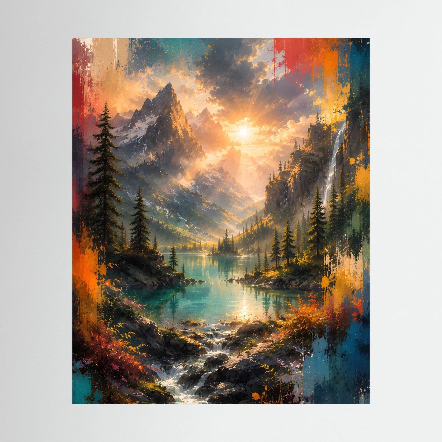 Hochformat-Wandbild: Bergsee bei Sonnenuntergang mit Tannen, Sonne über Felsen