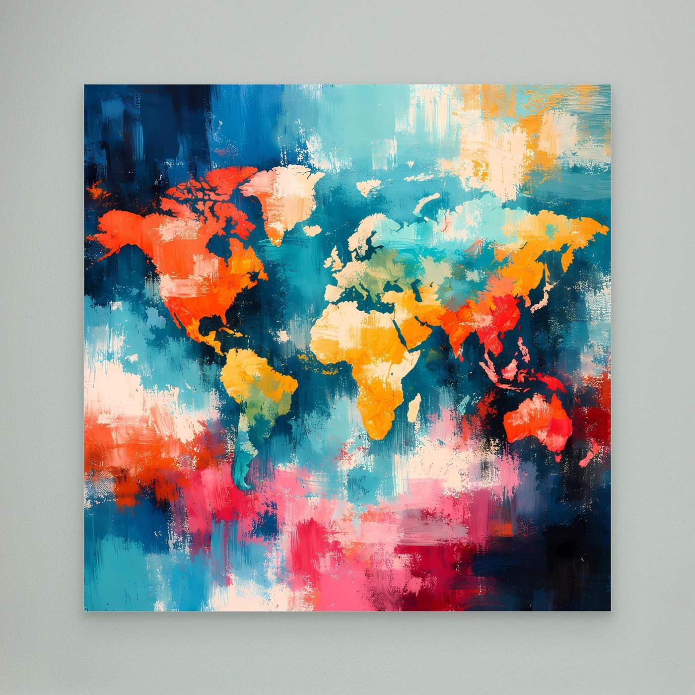 Abstract world map canvas with colorful brushstroke continents and no frame