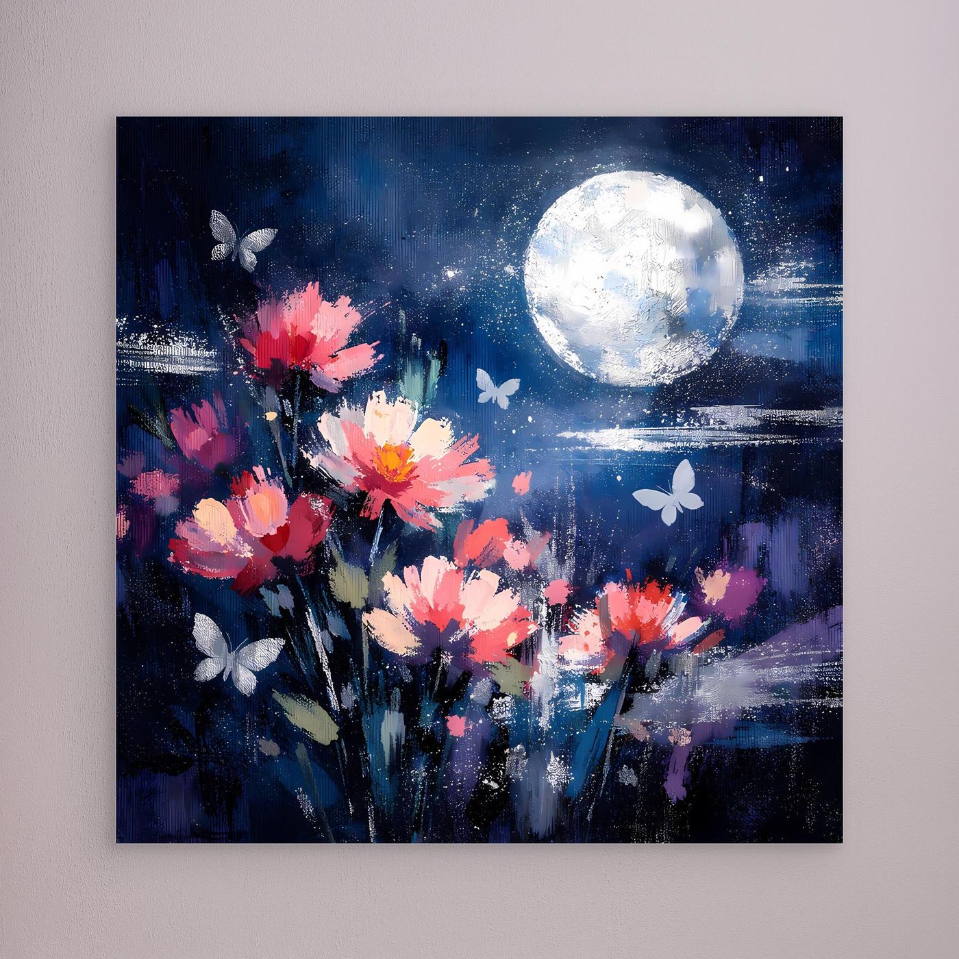 Leinwand-Wandbild mit abstrakten pinken Blumen, Schmetterlingen und hellem Mond, ohne Rahmen
