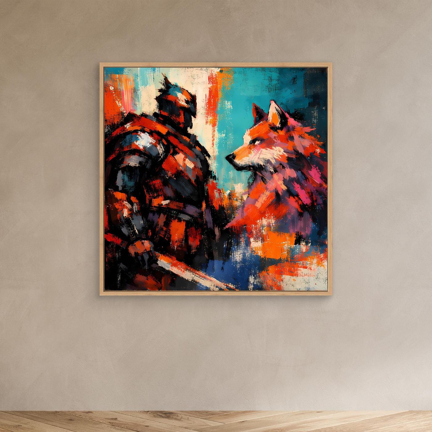 Abstraktes Leinwand-Wandbild mit Eichenrahmen: Kriegerfigur und Wolf, starke Kontraste