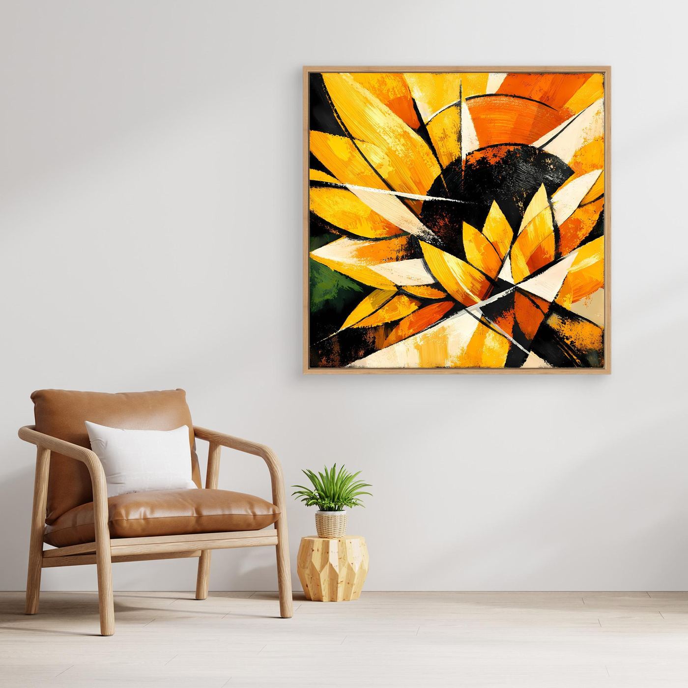 Leinwandbild Sonnenblume abstrakt: gelbe Blüten, orange Kreise, schwarze Strukturen, Holzrahmen