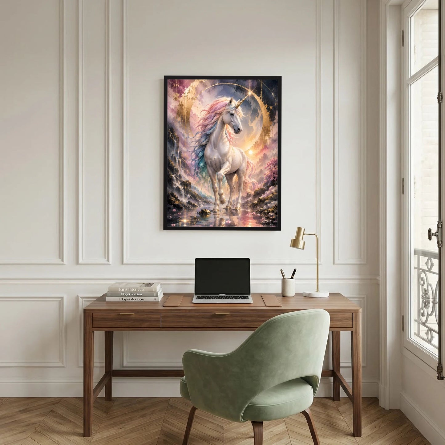 Einhorn-Poster in schwarzem Rahmen: weißes geflügeltes Einhorn mit goldenem Kreis.