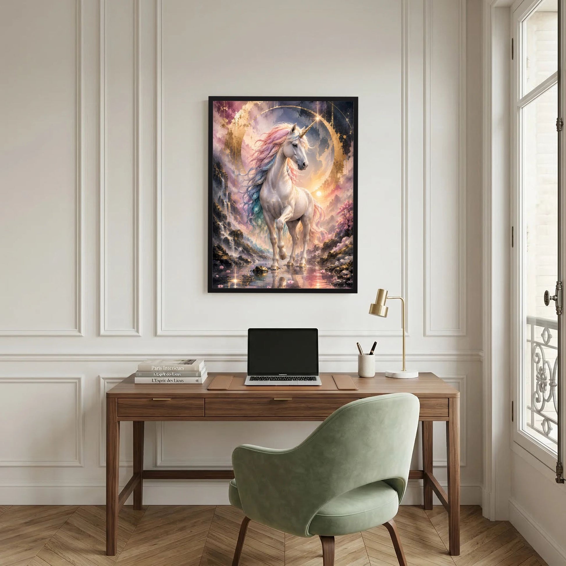 Einhorn-Poster in schwarzem Rahmen: weißes geflügeltes Einhorn mit goldenem Kreis.