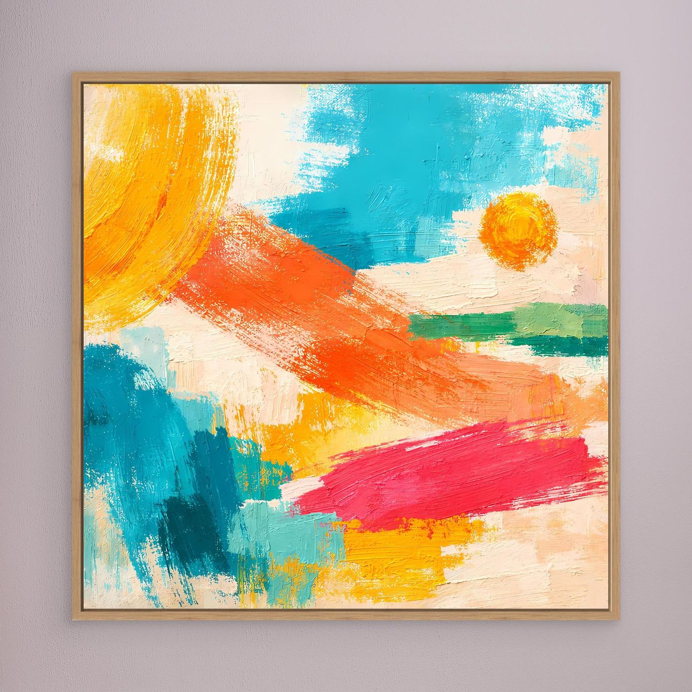 Abstract canvas wall art with blue, orange, red and yellow brushstrokes; oak wood frame