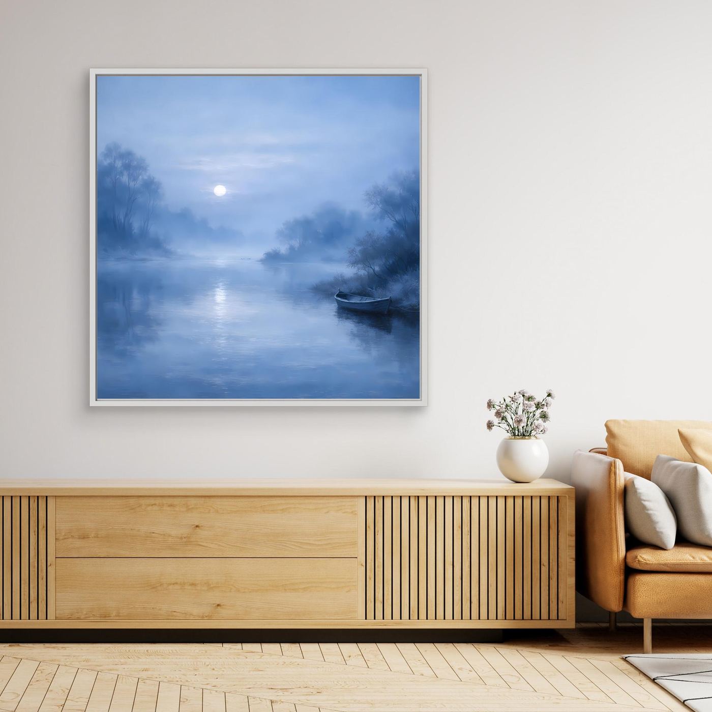 Gerahmtes Leinwandbild: blauer Fluss bei Mondlicht mit Nebel und Boot