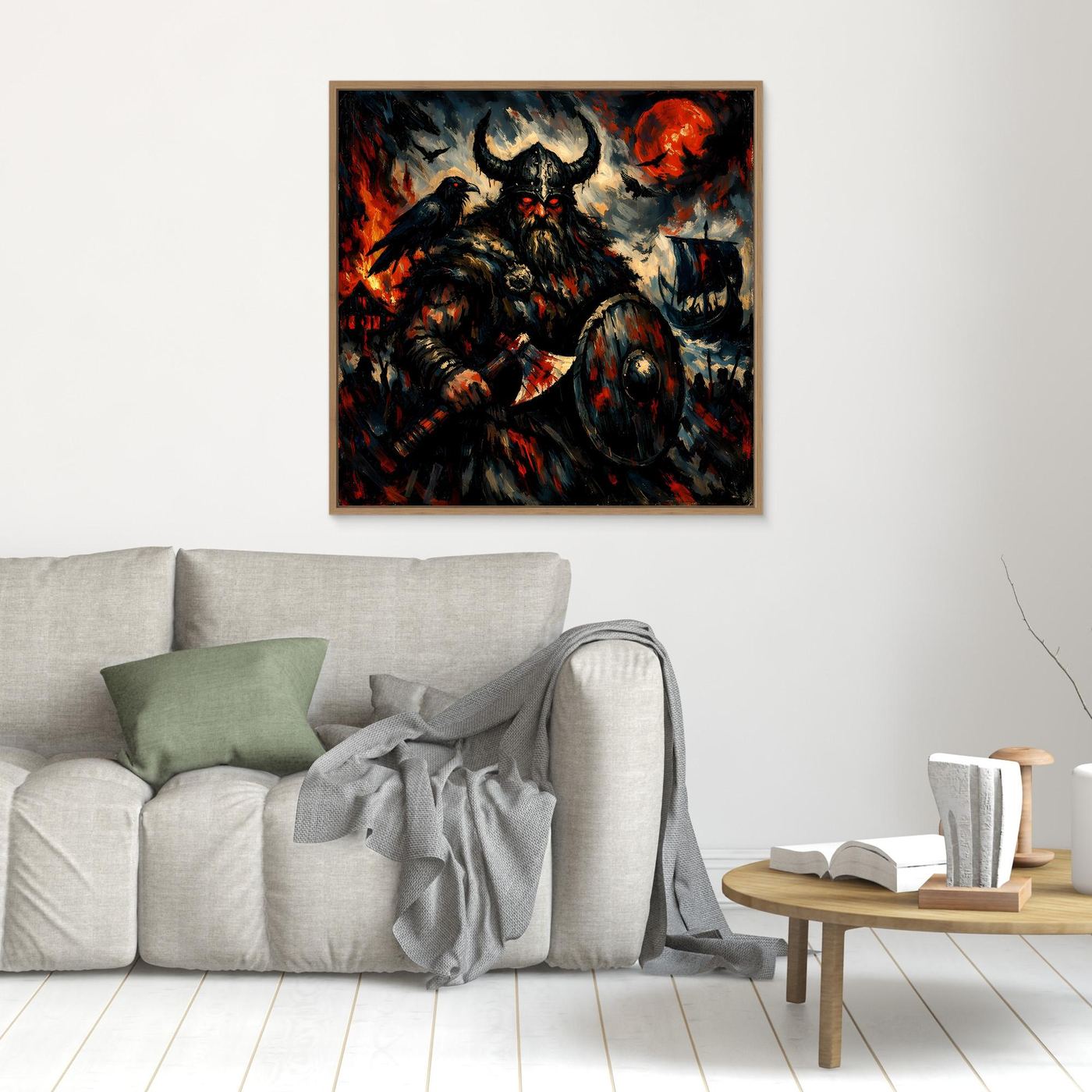 Leinwand Düsterer Wikinger-Krieger unter dem Blutmond | Expressives Nordmann Wandbild
