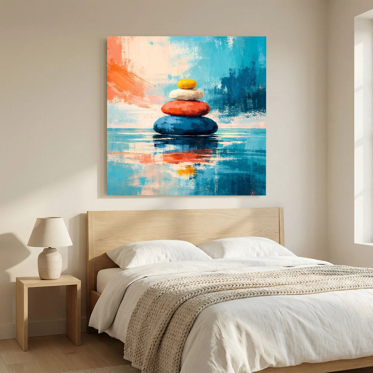 Leinwandbild mit Zen-Steinen auf türkis-blauem Grund, orangefarbene Akzente und Spiegelung