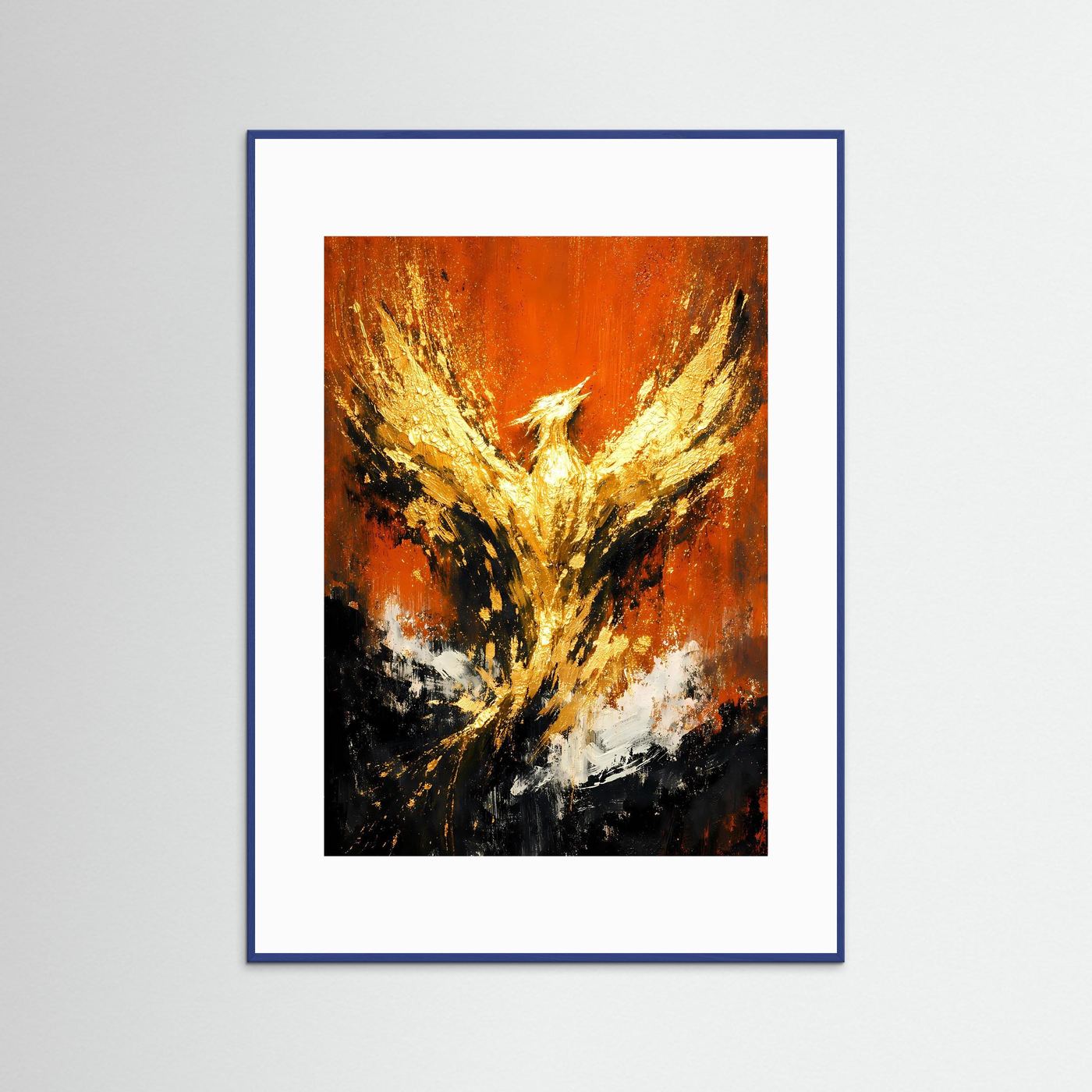 Abstraktes Phönix-Kunstposter (Hochformat) mit Gold-Orange Flügeln, blau gerahmt