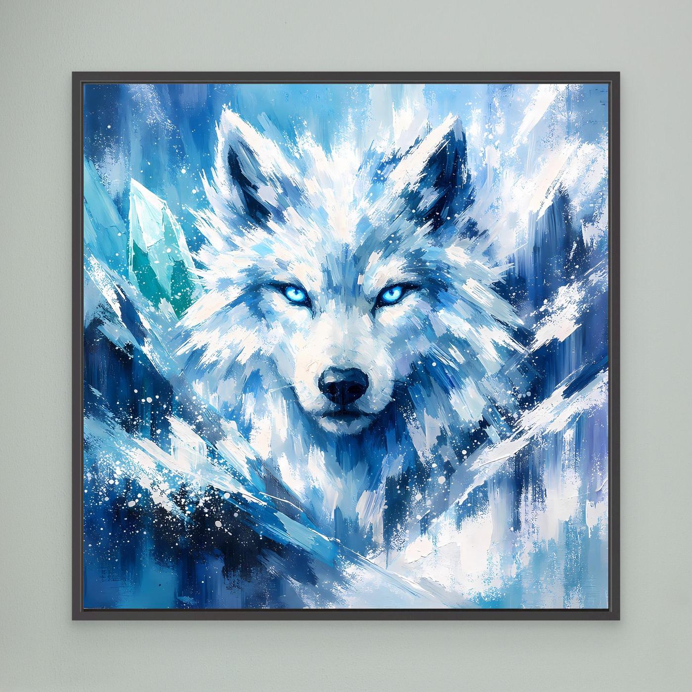 Leinwand-Wandbild mit blauem Eiswolf im Blizzard, schwarzer Rahmen