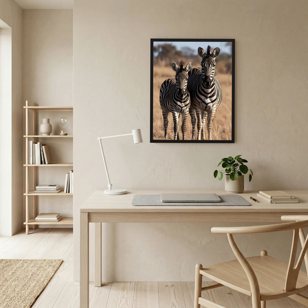 Gerahmtes Poster im Hochformat mit zwei Zebras, Muttertier und Jungtier