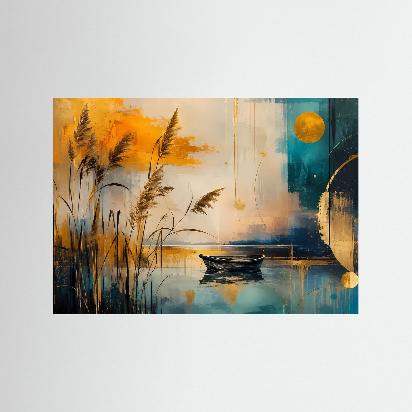 Modernes Schilf am See Poster Querformat | Abstrakte Landschaftskunst in Blau & Gold | Elegantes Panorama Wandbild