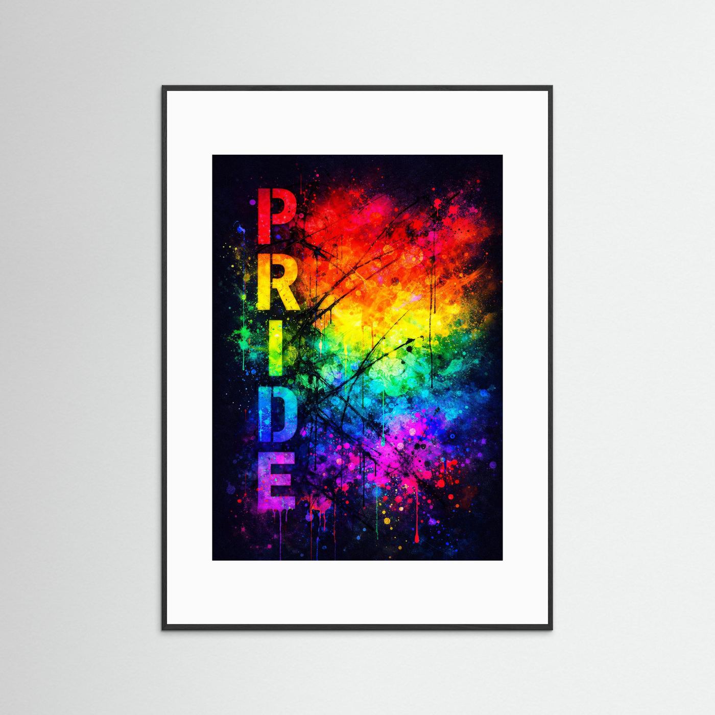 Hochformatiges Pride-Poster mit schwarzem Rahmen, weißem Passepartout und vertikalem „PRIDE“ in Regenbogenfarben