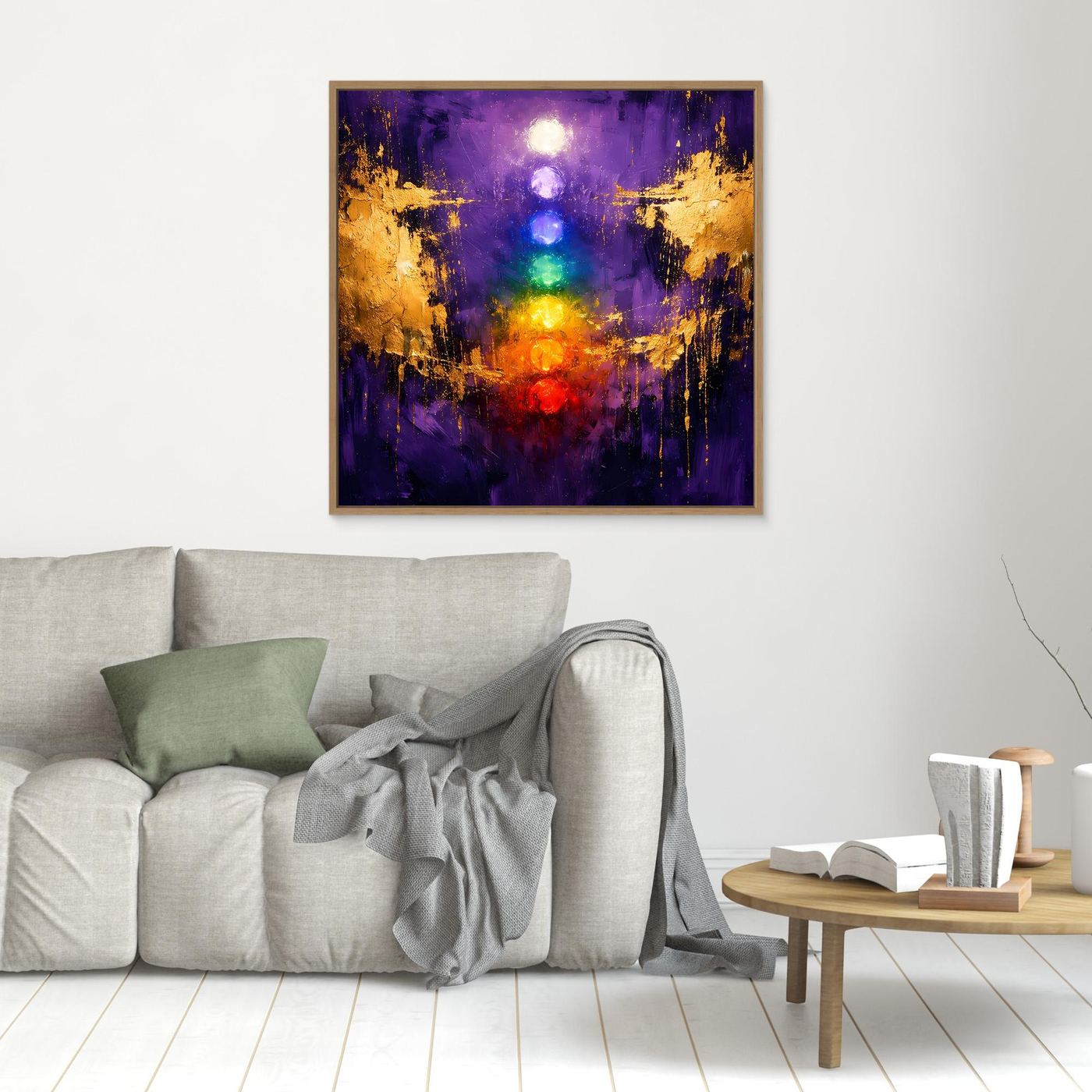 Leinwand Sieben Chakren auf tiefem Violett | Modernes Spirituelles Yoga Wandbild