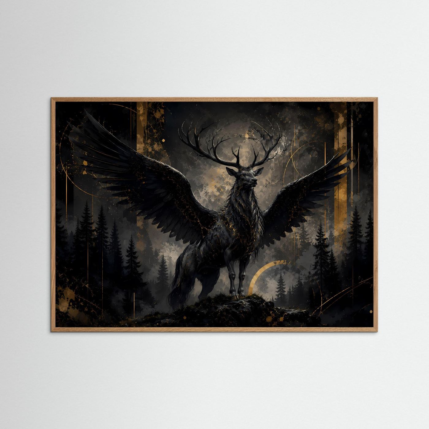 Mystischer schwarzer Hirsch mit Flügeln | Fantasy Poster im Wald | Edles Wandbild Schwarz & Gold Querformat