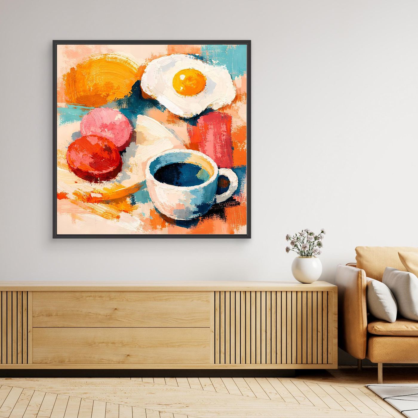 Schwarz gerahmtes Leinwandbild mit abstraktem Frühstück: Spiegelei & Kaffeetasse