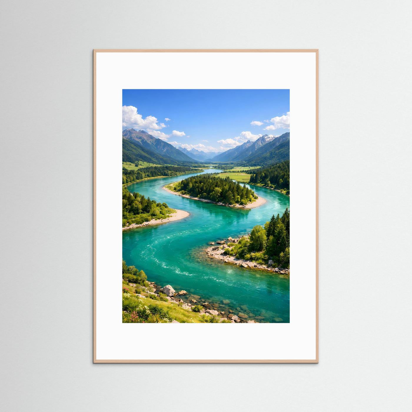 Naturposter mit Flusslandschaft in Türkis und Grün, Alpenbergen und rosafarbenem Rahmen