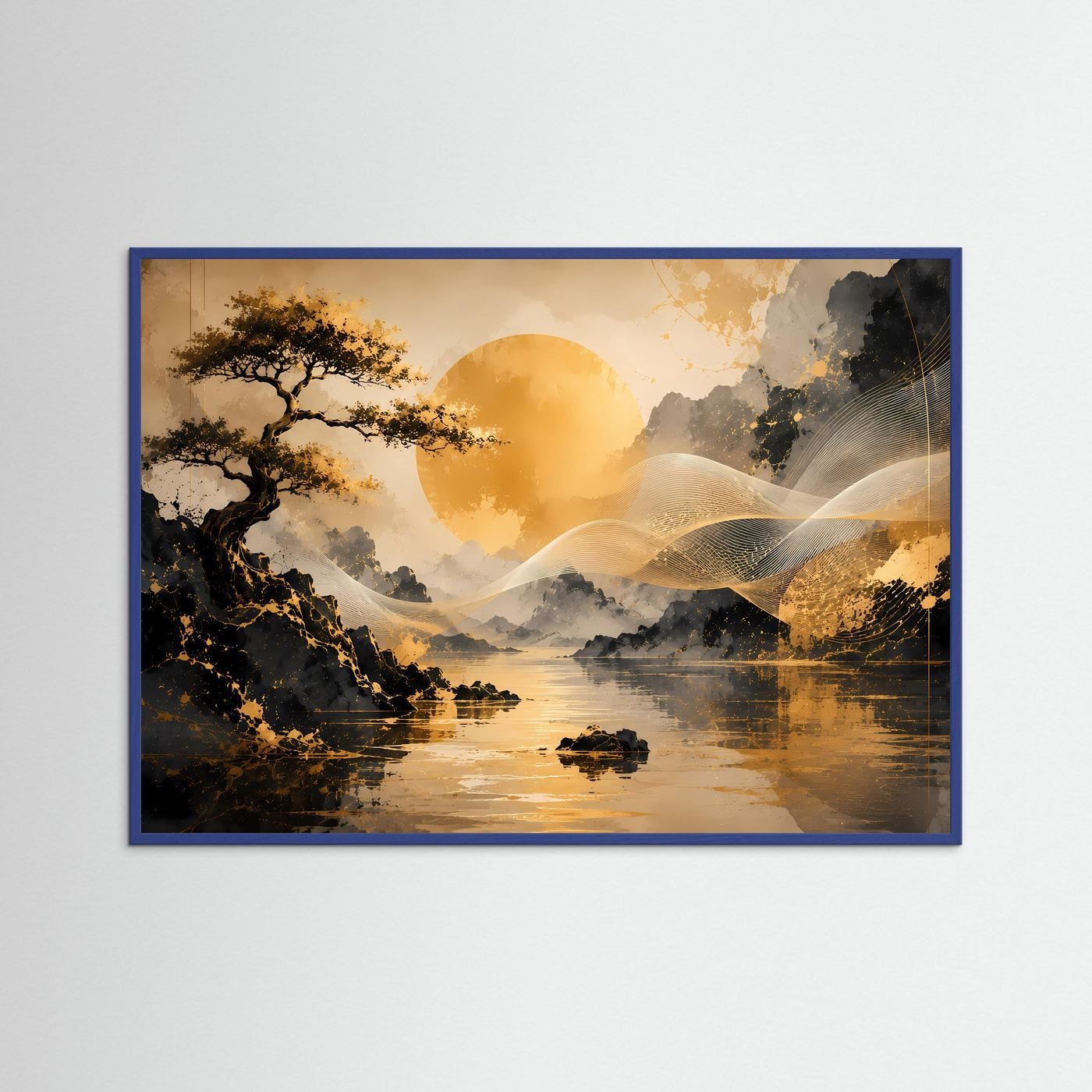 Querformat-Poster im blauen Holzrahmen: goldener Bonsai am See mit Sonnenmotiv