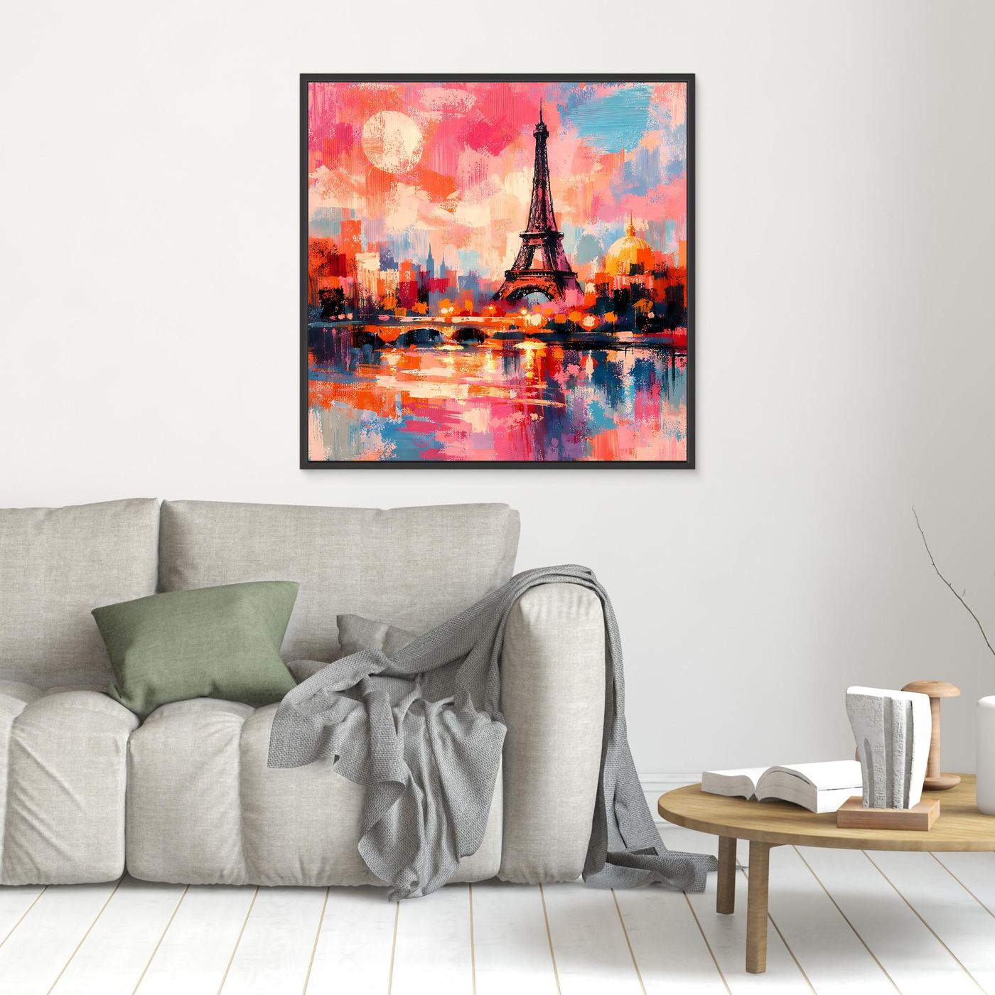 Leinwand-Wandbild mit abstraktem Eiffelturm über farbigem Stadt- und Wasserbild, schwarzer Rahmen.