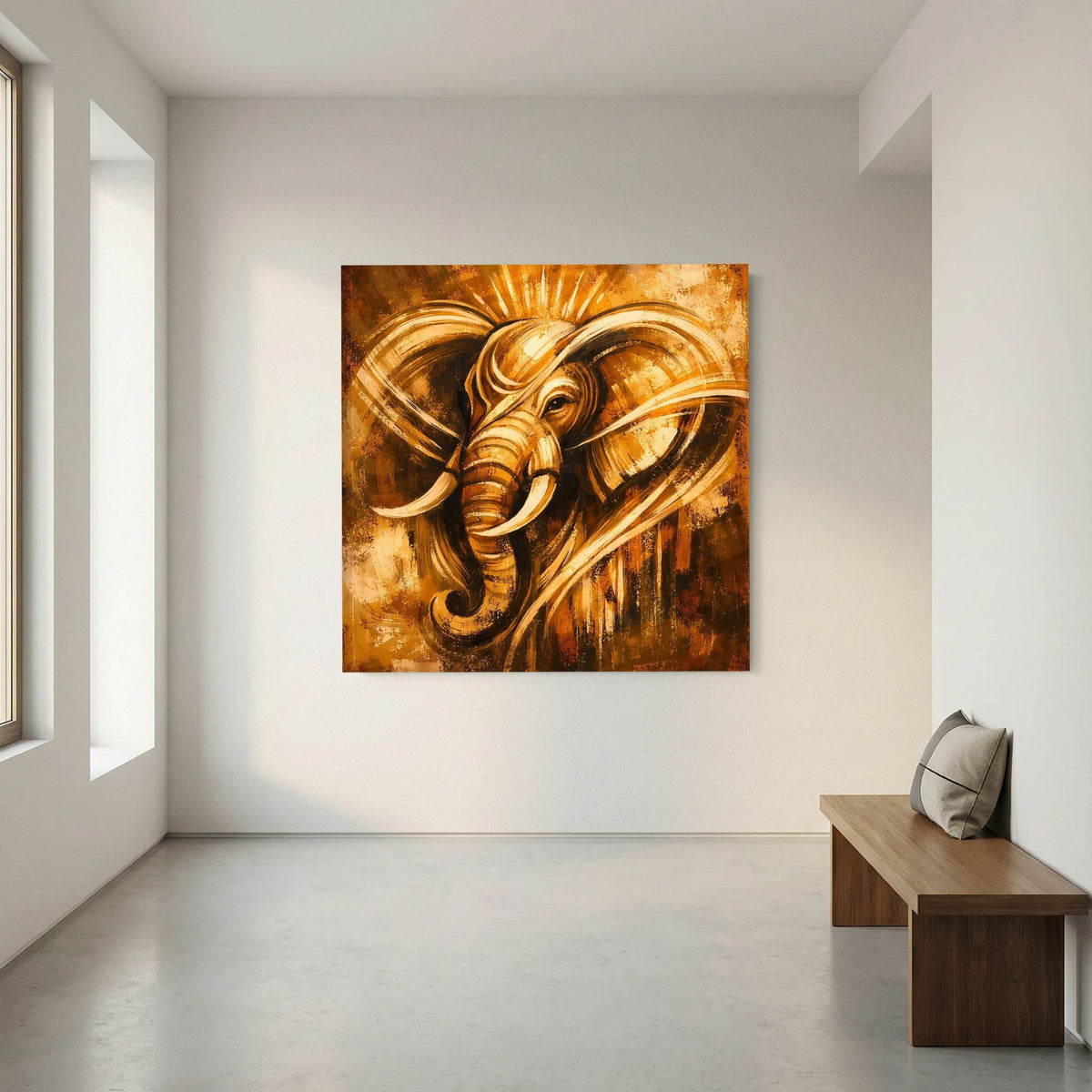 Abstraktes Wandbild mit Elefantenkopf im Gold-Look und wirbelnden Linien