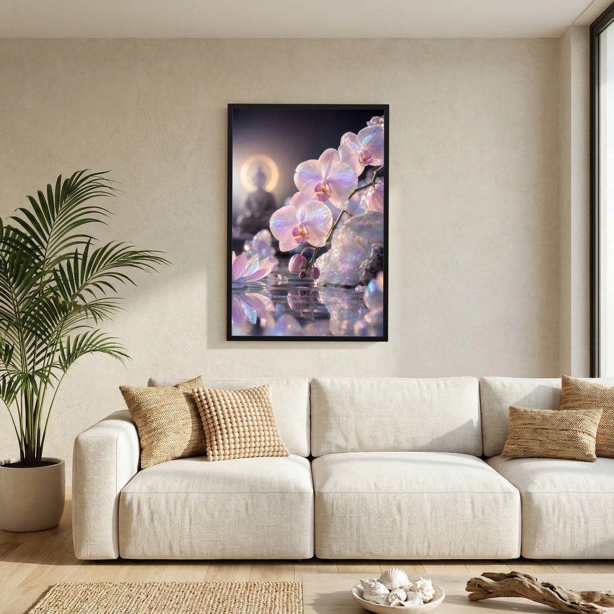 Hochformat-Poster mit Perlmutt-Orchideen, schwarzer Rahmen an Sofa-Wand