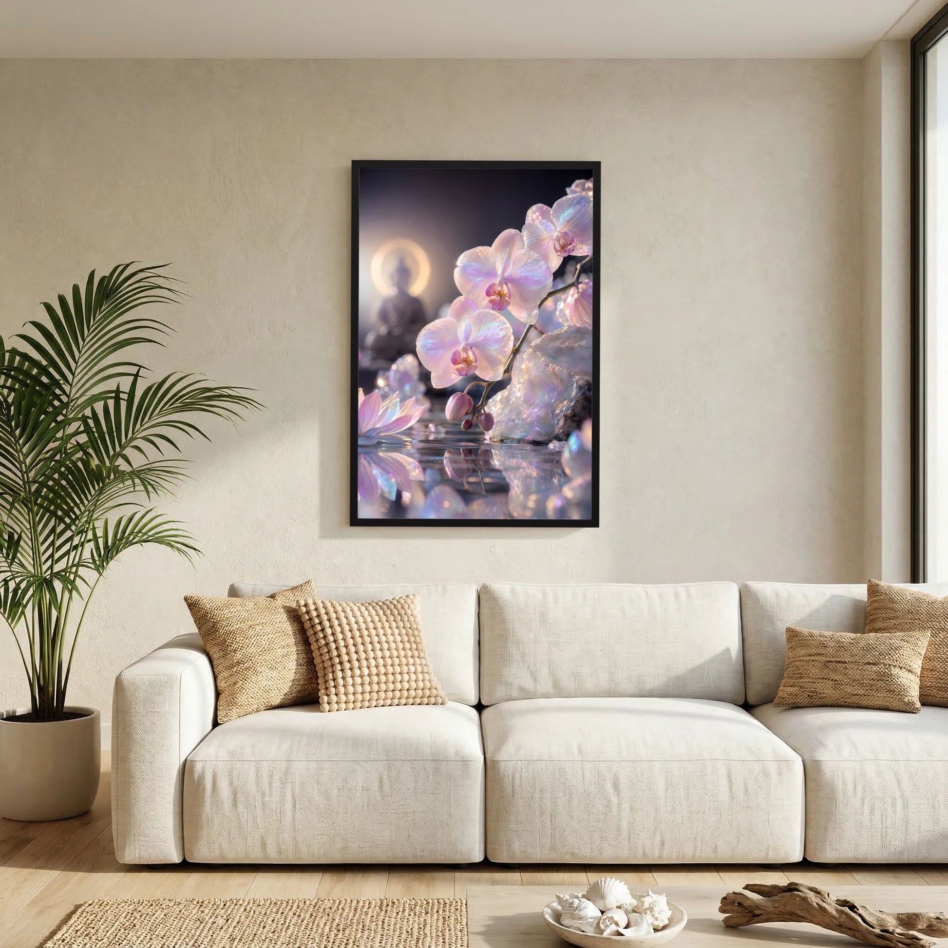 Hochformat-Poster mit Perlmutt-Orchideen, schwarzer Rahmen an Sofa-Wand