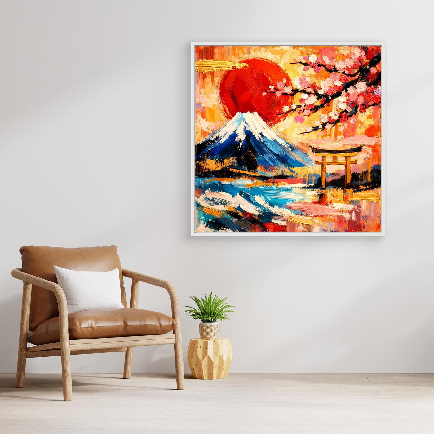 Gerahmtes Leinwandbild mit Berg Fuji, Torii und Kirschblüten, leuchtende Rot- und Goldfarben