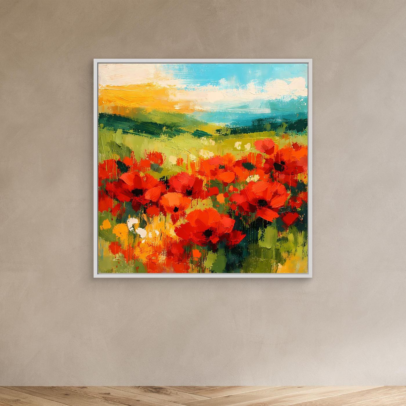 Abstract canvas wall art of a bright red poppy field with green and blue horizon, white frame