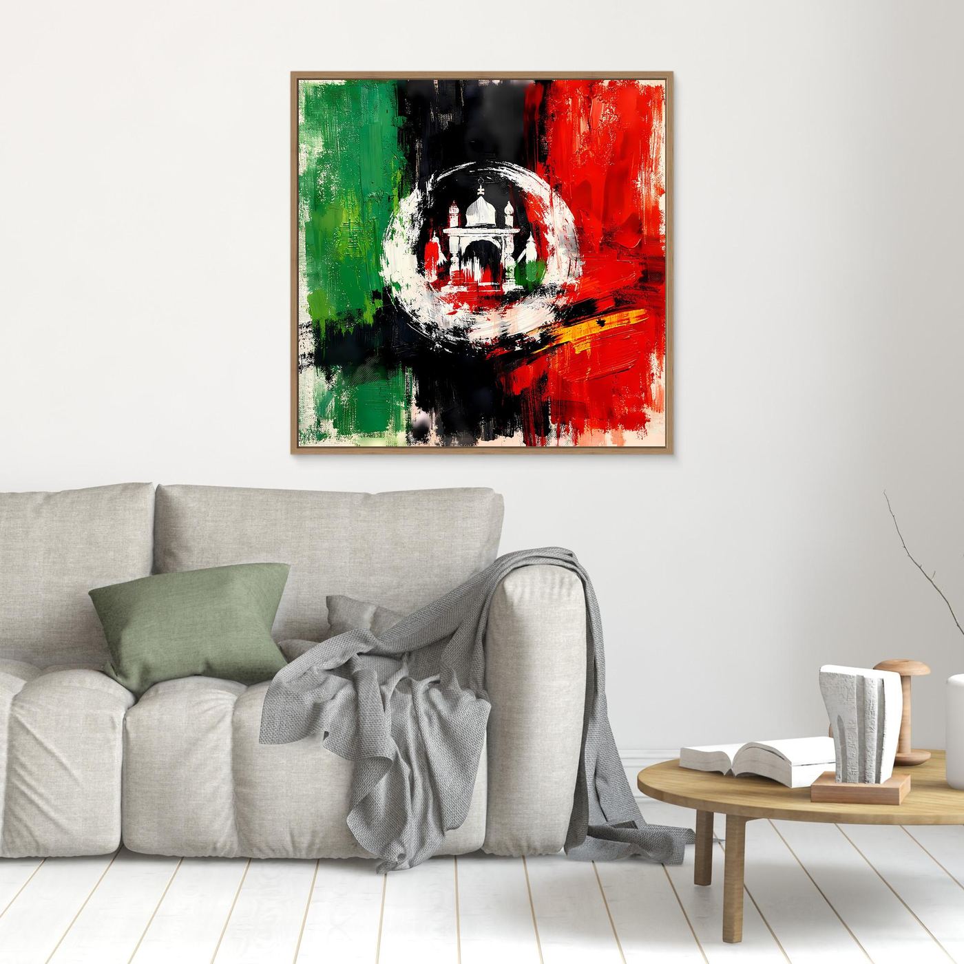 Oak-framed canvas wall art with abstract Afghanistan flag colors and central emblem