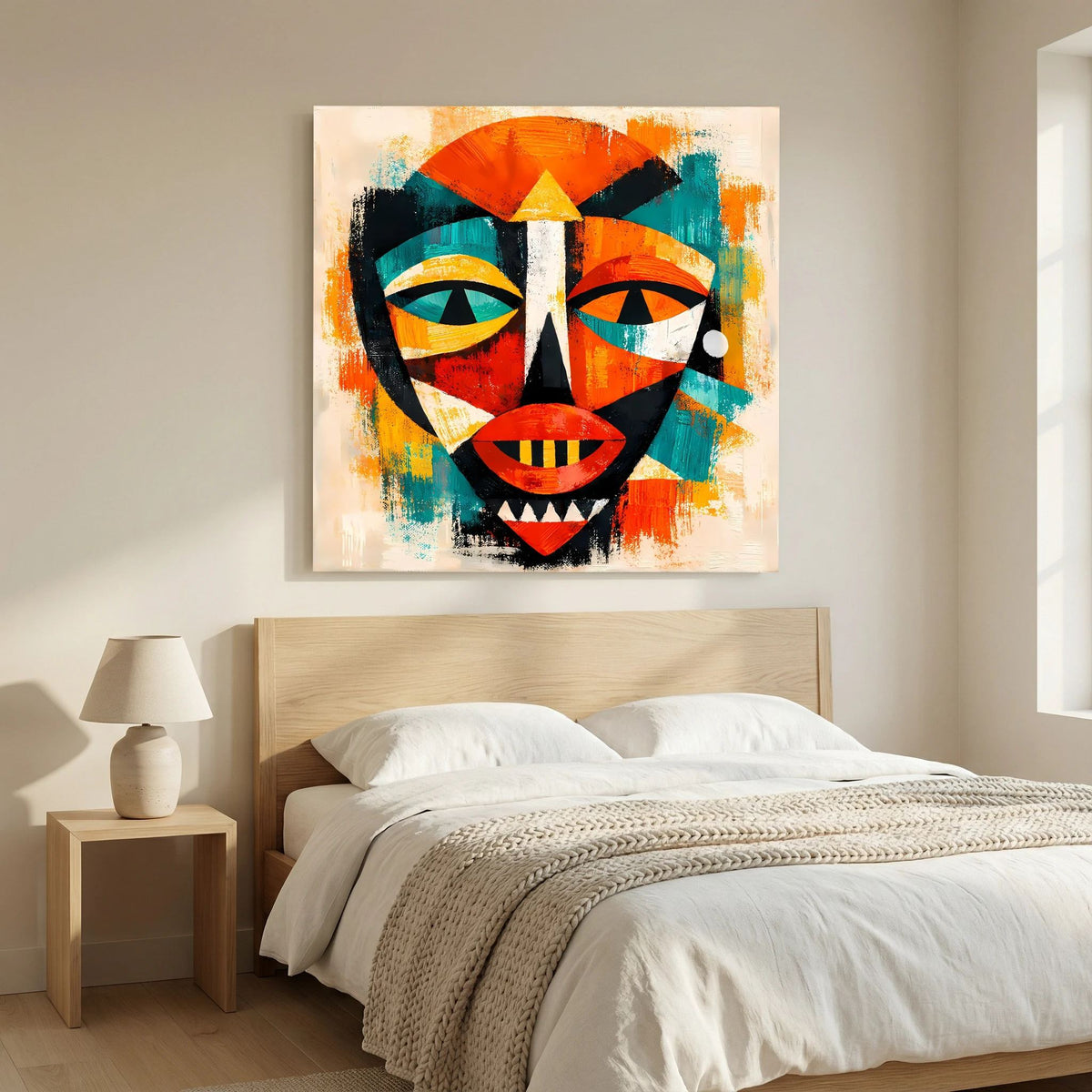 Leinwandbild mit abstrakter afrikanischer Maske, stilisierte Augen, rotes Element am Mund