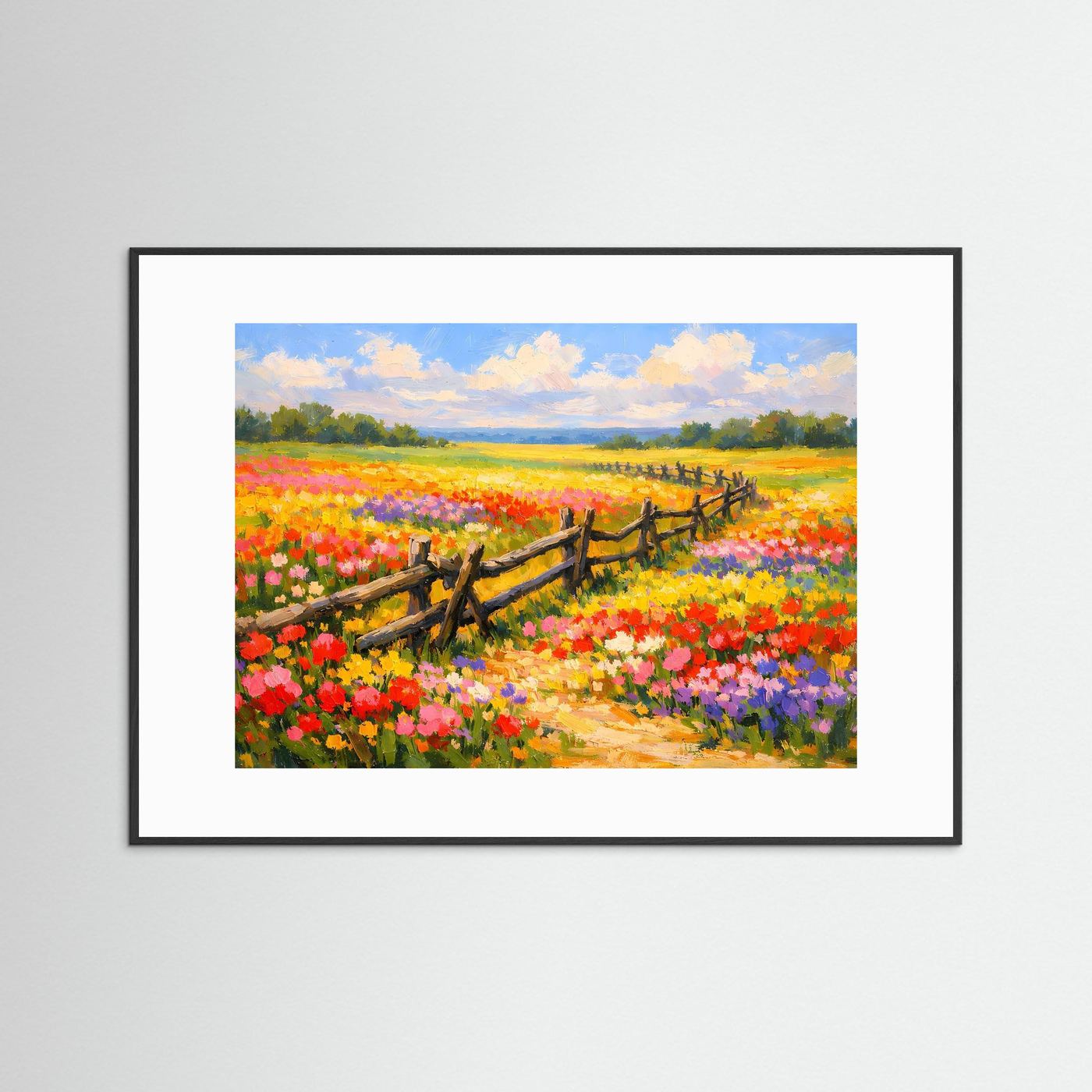 Poster Blühende Sommerwiese mit Holzzaun | Majestätisches Farbenfrohes Wandbild