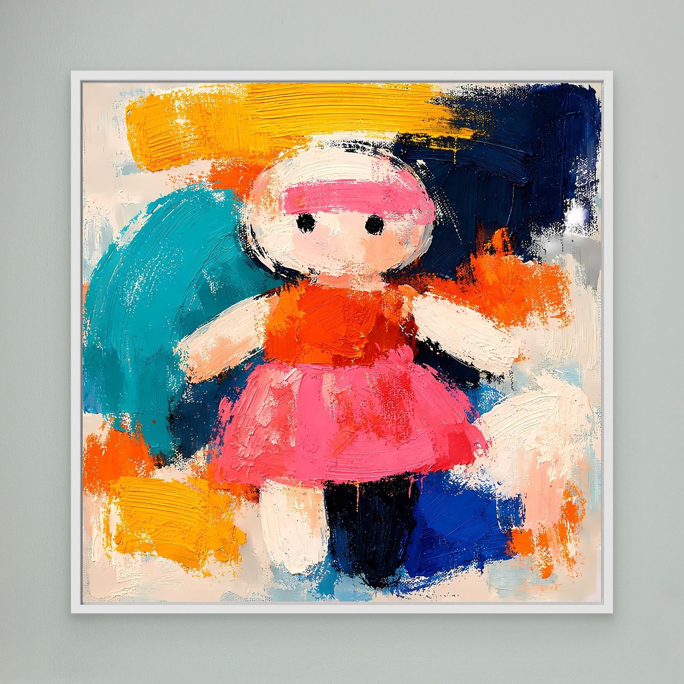 Abstract doll canvas wall art with pink hat and bright dress, white frame