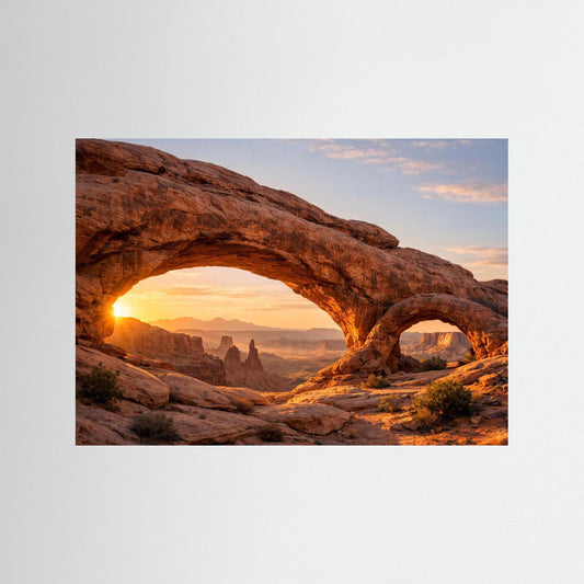 Wüstenposter mit Felsbogen, Sonnenuntergang und Wüstenlandschaft