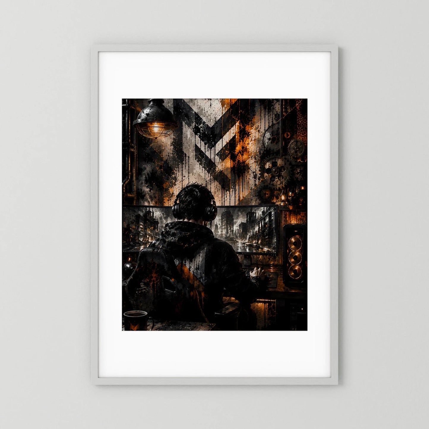 Gamer am PC in Schwarz & Orange | Industrial Gaming Art | Poster Hochformat