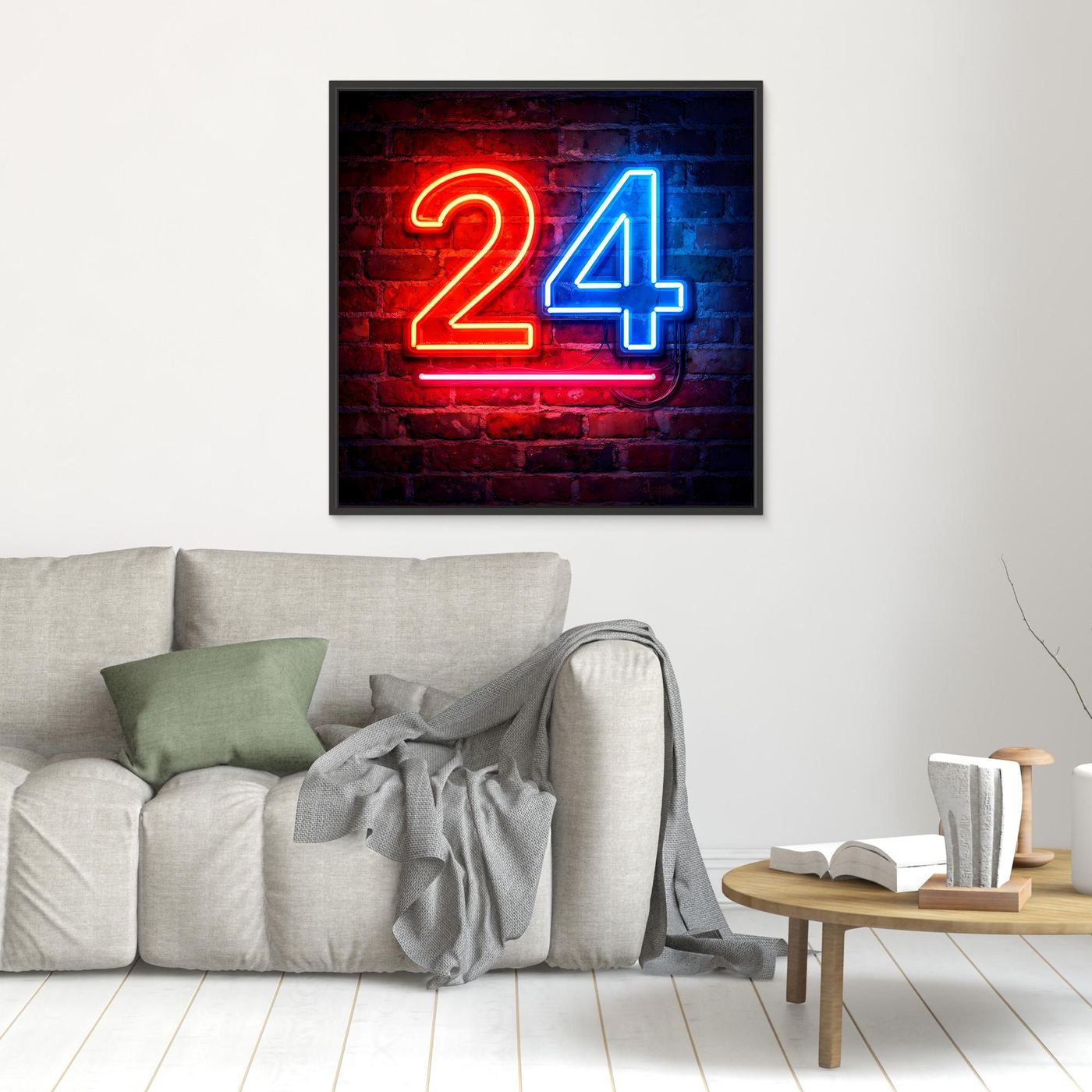 Leinwandbild mit Neon-Zahl „24“ auf Backstein, mattschwarzer Rahmen