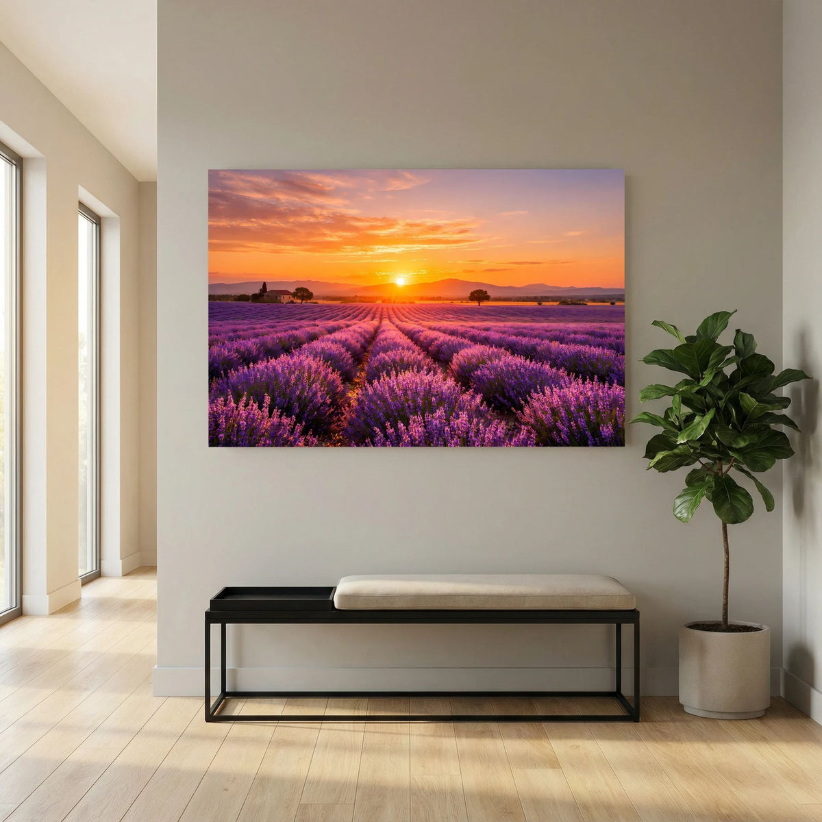 Wandbild mit Lavendelfeld und Sonnenuntergang, an der Wand über der Bank