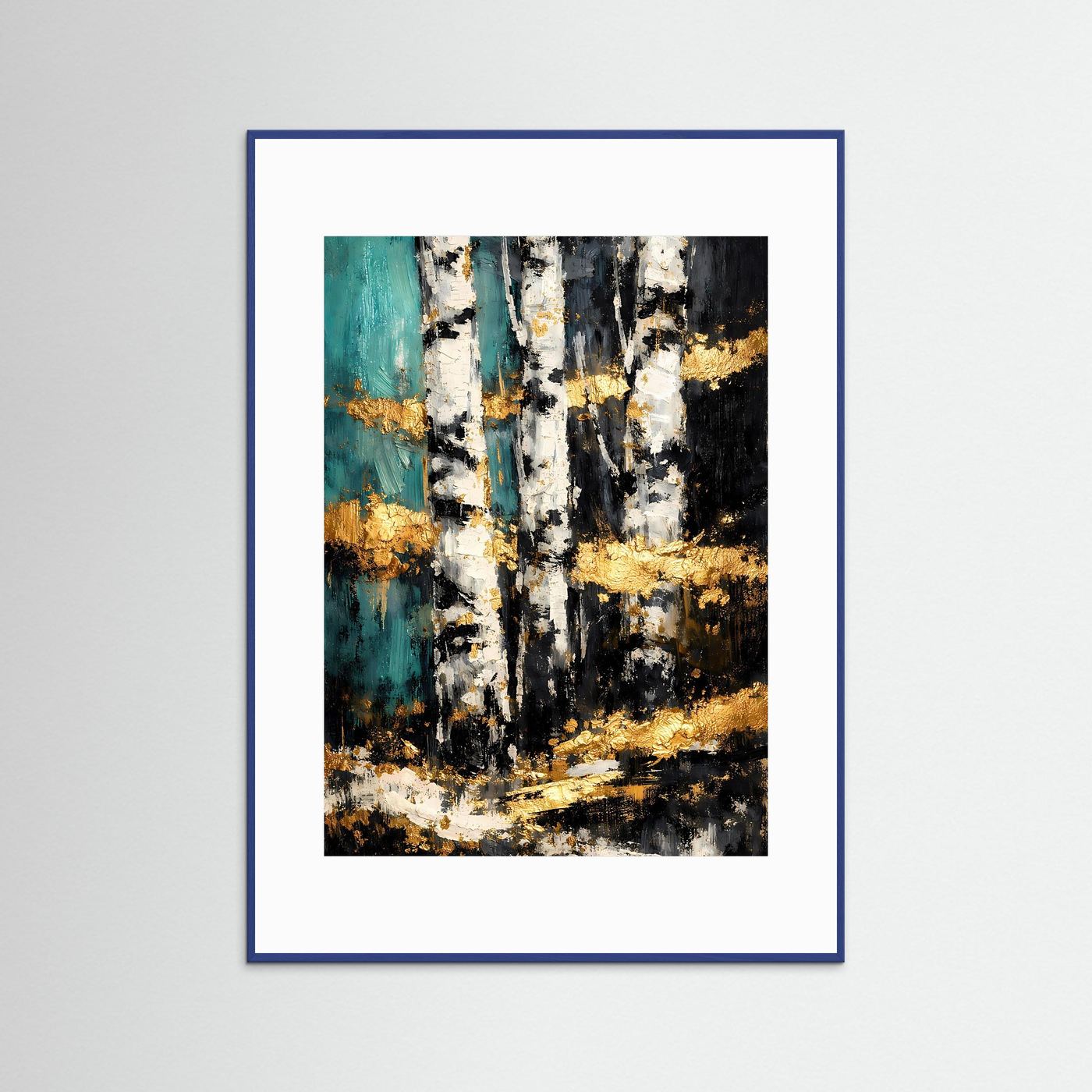 Naturposter im Hochformat mit abstrakten Birkenstämmen, blauem Rahmen