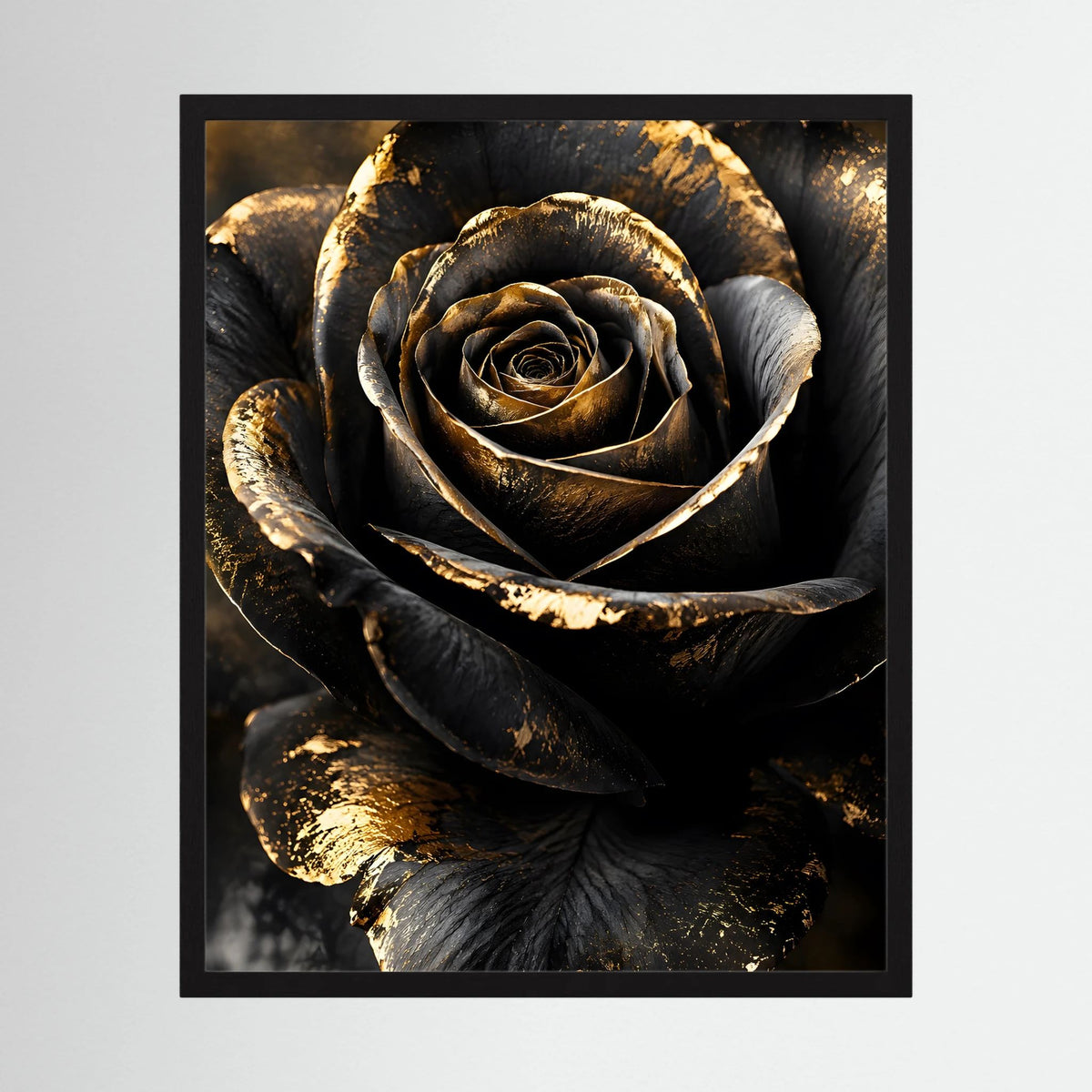 Gerahmtes Kunstposter mit schwarzer Rose in Goldtönen, zentrierte Gesamtansicht