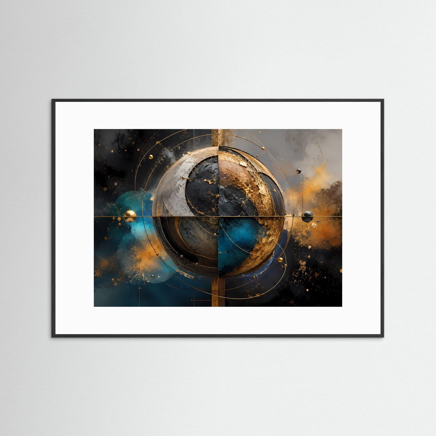 Abstrakte Goldene Planetensphäre | Moderne Kosmische Geometrie Kunst Querformat