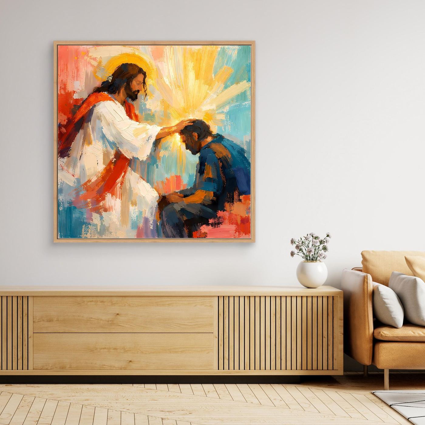 Christian canvas wall art of Jesus blessing a praying man with gold frame